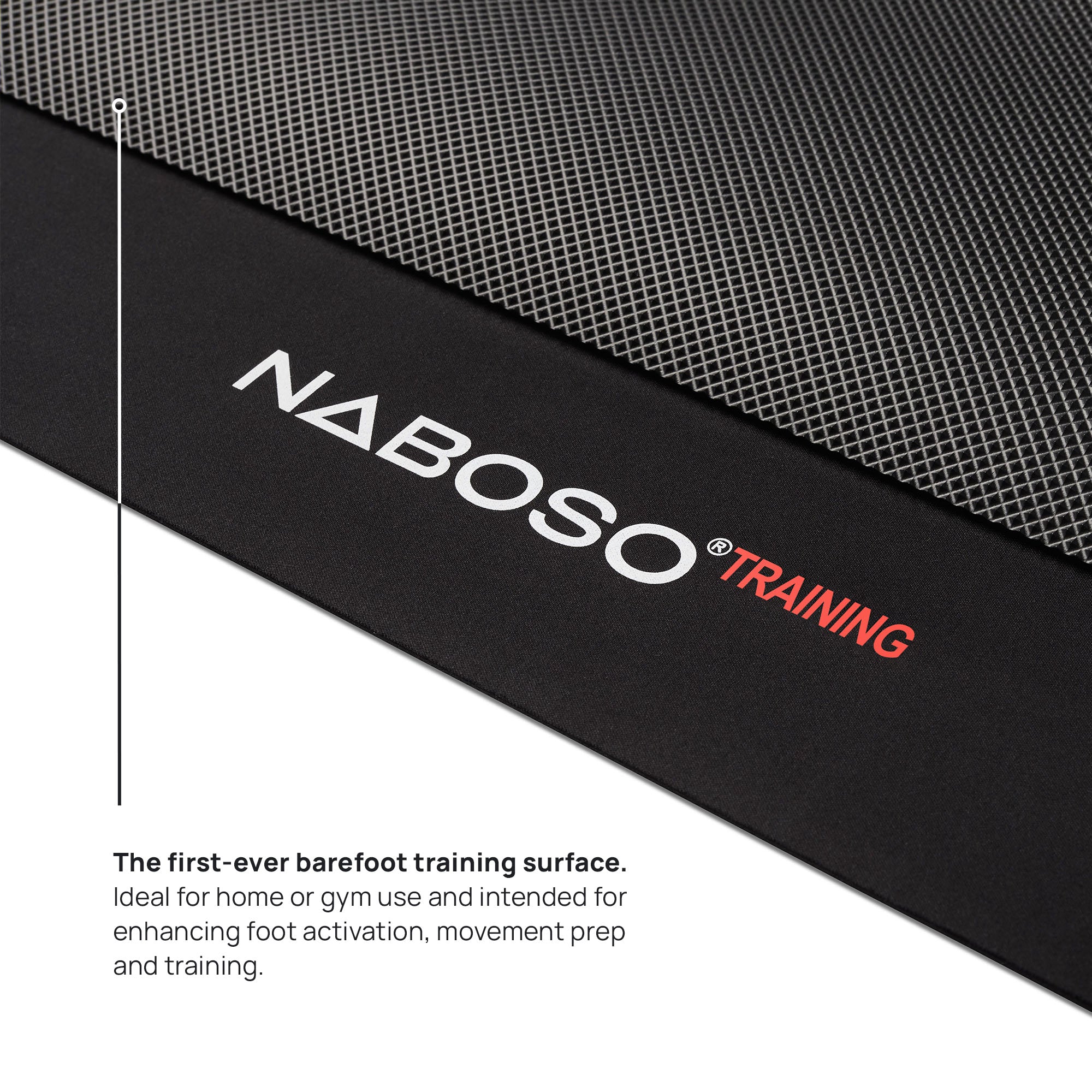 Close up of the Naboso Training Mat, with text that mentions it's the first ever barefoot training surface and is ideal for home or gym use. Intended to enhance feet activation