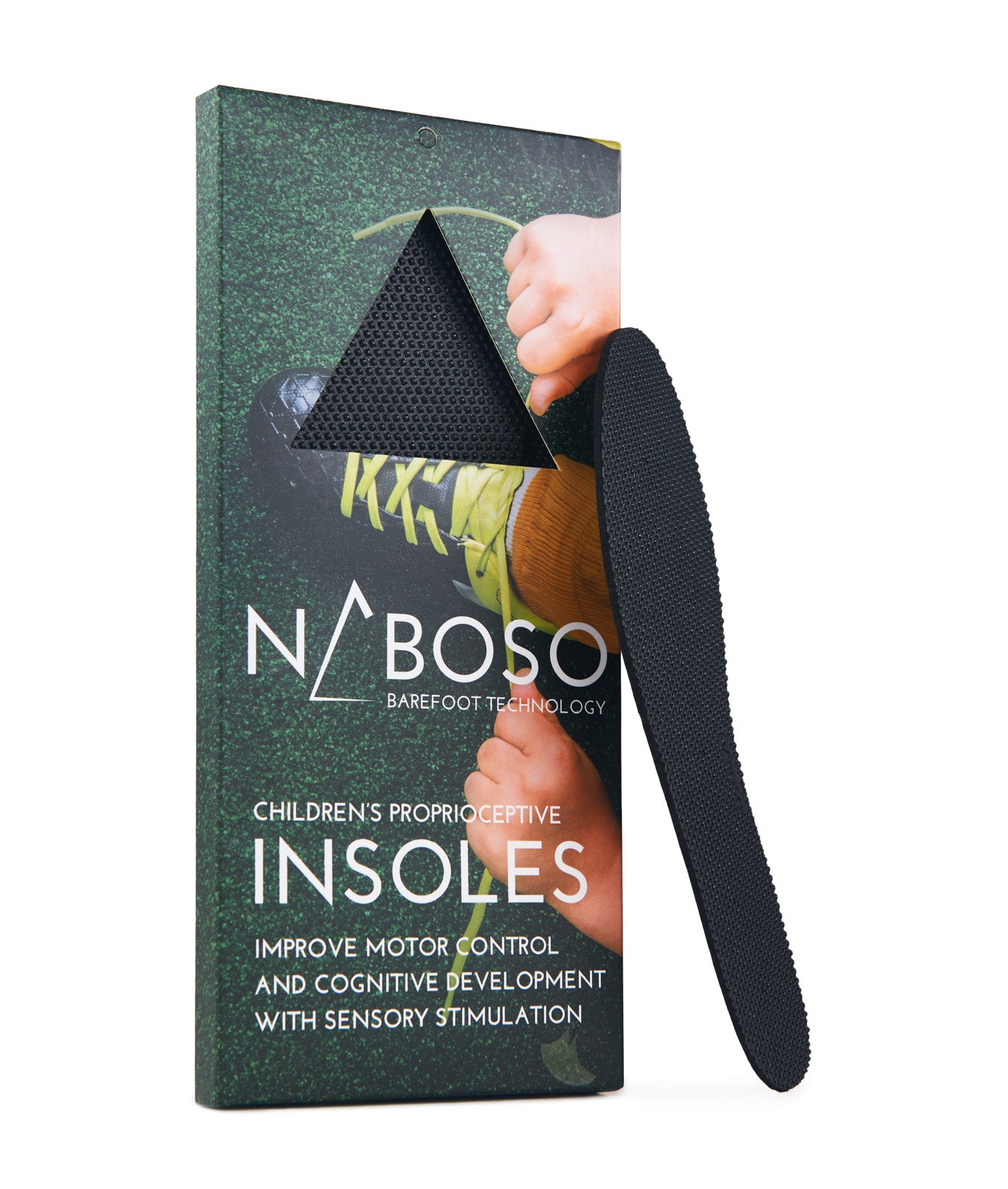 The Children's Insole packaging along with a photo of the black Children's Insole