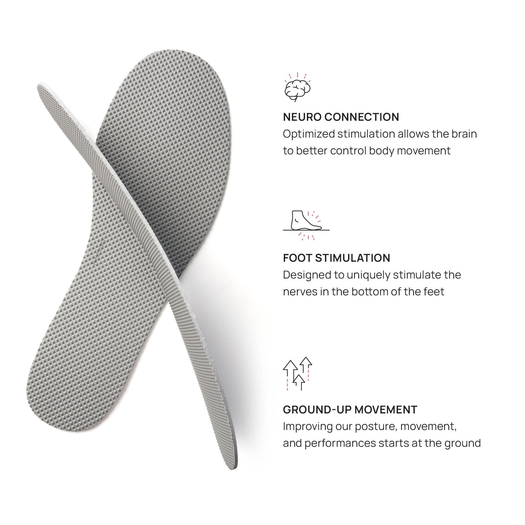 Two grey Naboso Neuro Insoles along with 3 icons demonstrating the different ways the Neuro Insole is stimulating: 1. Neuro Connection allowing the brain to better control body movement 2. Stimulating the nerves on the bottom of the feet 3. Posture improvement beginning from the ground up