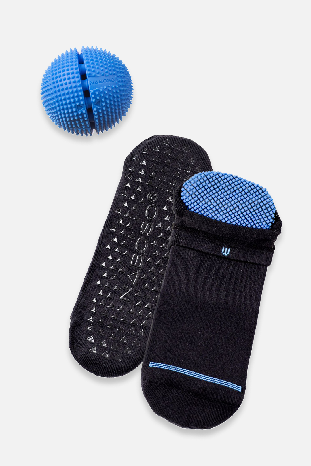 Black massage socks with blue nodes and a blue massage ball on a white background
