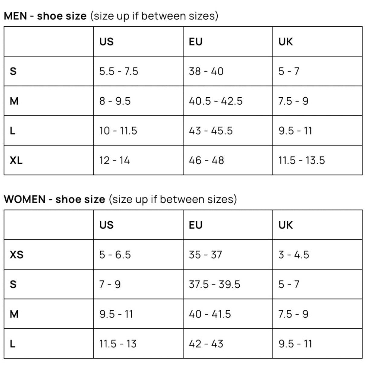 Ankle Recovery Sock Size Chart