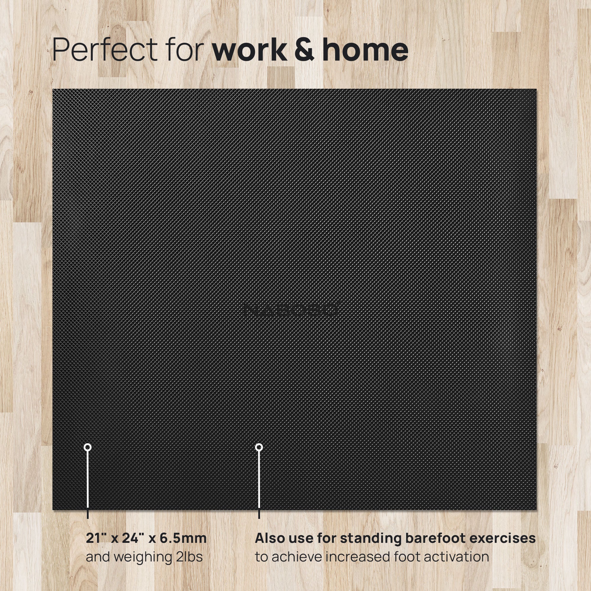 Photo showing the Standing Mat dimensions (21" by 24" by 6.5mm with a weight of 2 lbs) 