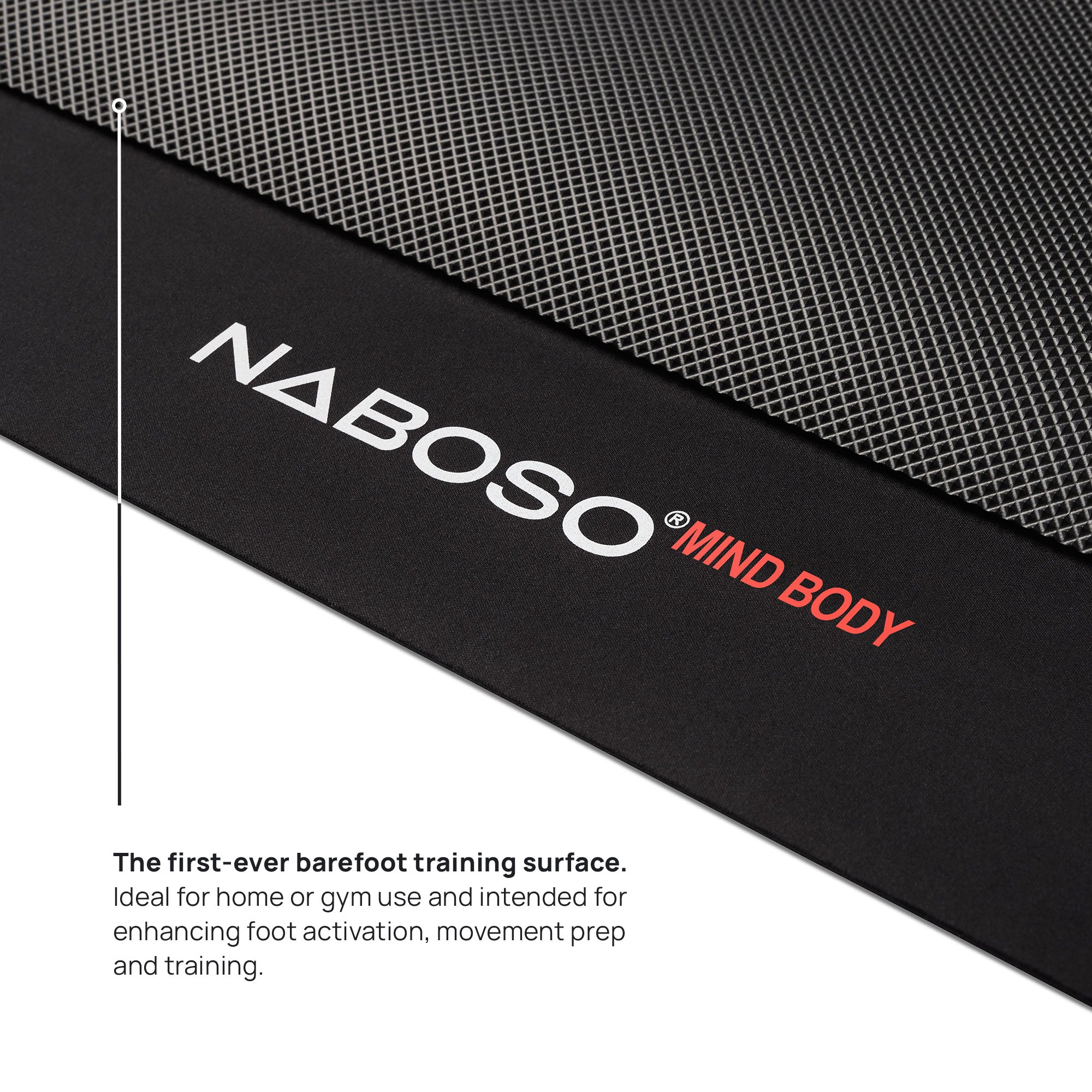 Close up of the Naboso Mind Body Mat, with text that mentions it's the first ever barefoot training surface and is ideal for home or gym use. Intended to enhance feet activation