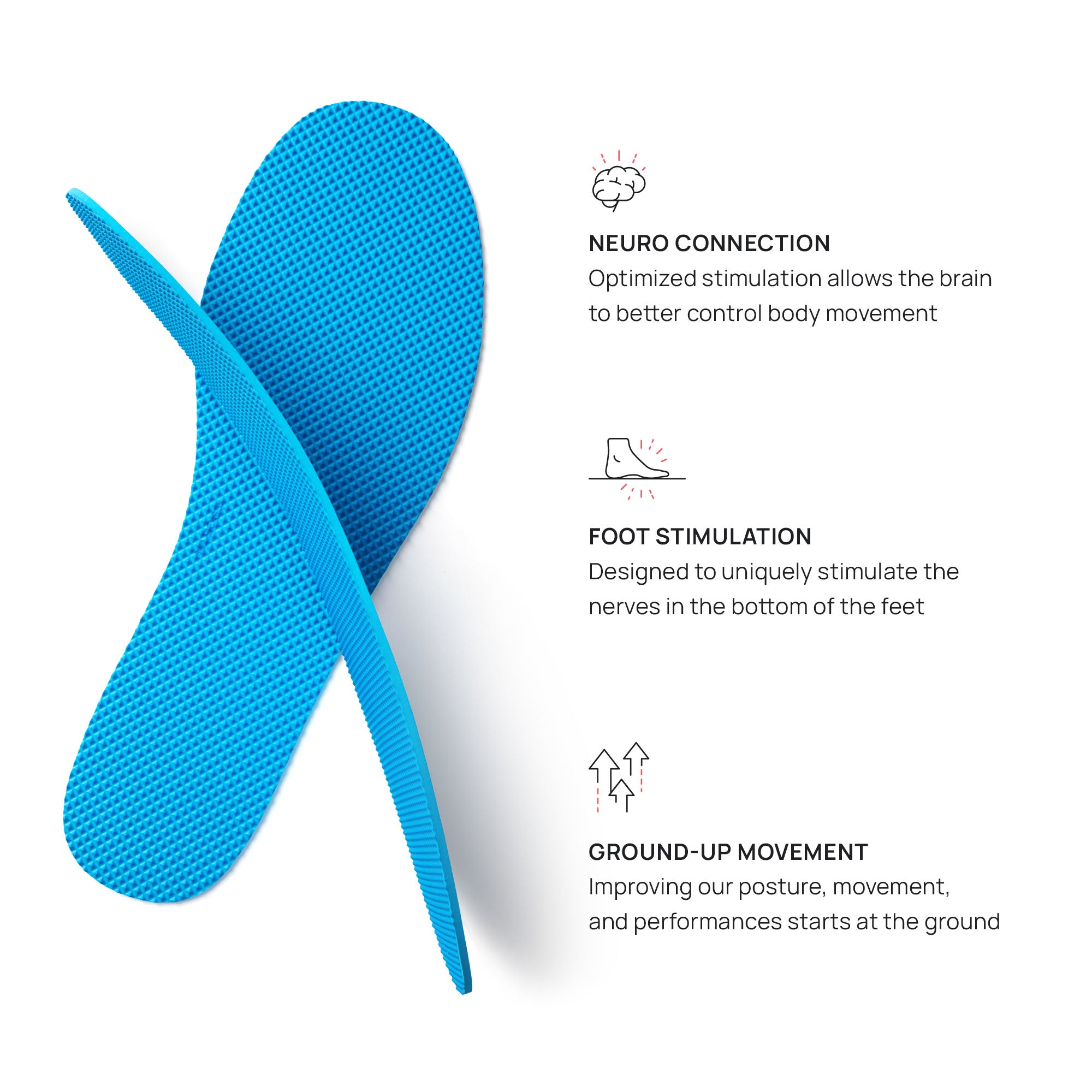 Two blue Naboso Activation Insoles along with 3 icons demonstrating the different ways the Activation Insole is stimulating: 1. Neuro Connection allowing the brain to better control body movement 2. Stimulating the nerves on the bottom of the feet 3. Posture improvement beginning from the ground up